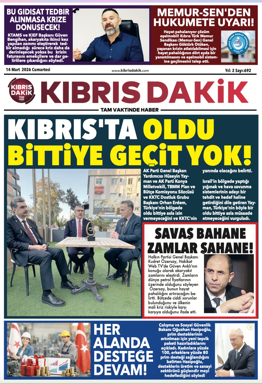 KKTC 14 MART 2026 GAZETE MANŞETLERİ 