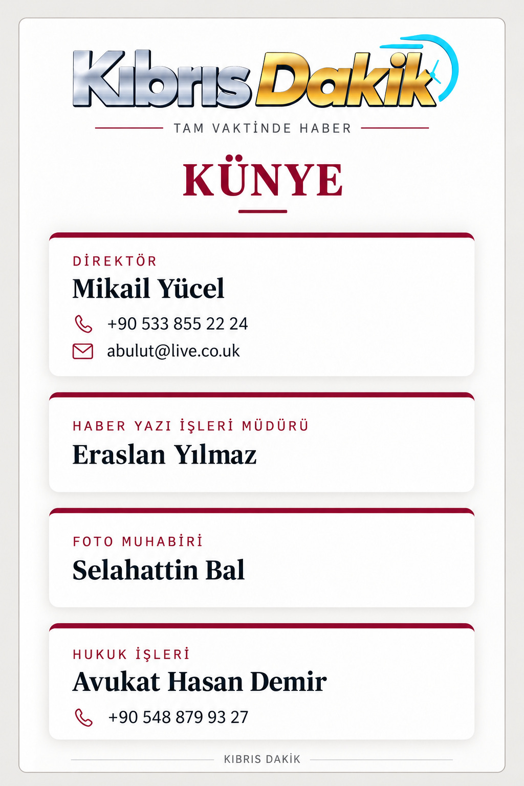 Kıbrıs Dakik Künye — Direktör: Mikail Yücel, +90 533 855 22 24, abulut@live.co.uk. Haber Yazı İşleri Müdürü: Eraslan Yılmaz. Foto Muhabiri: Selahattin Bal. Hukuk İşleri: Avukat Hasan Demir, +90 548 879 93 27.